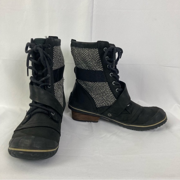 Sorel Shoes - Sorel Women's Sz 9 Slimboot Black Tweed Lace Up Ankle Boots Heeled Winter